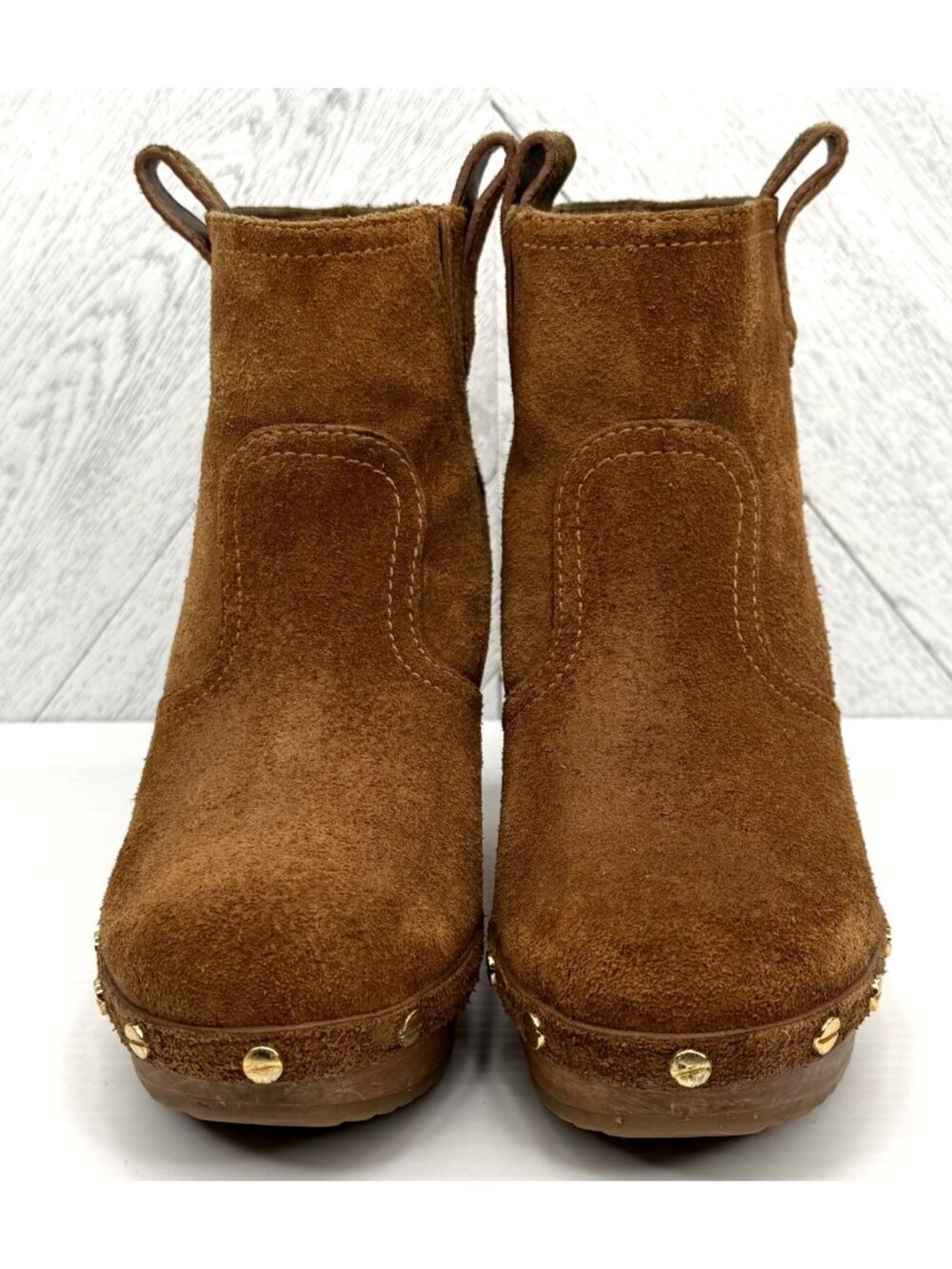 Tory Burch Ginevra Ankle Boots Womens 7 Brown Suede Wooden Clog Studded Platform - Picture 2 of 14